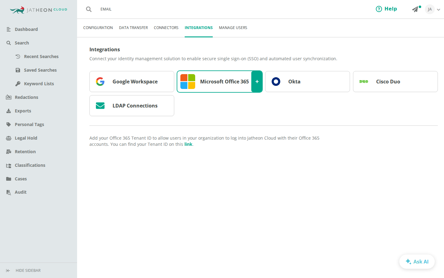 Microsoft Office 365 in the Integrations tab