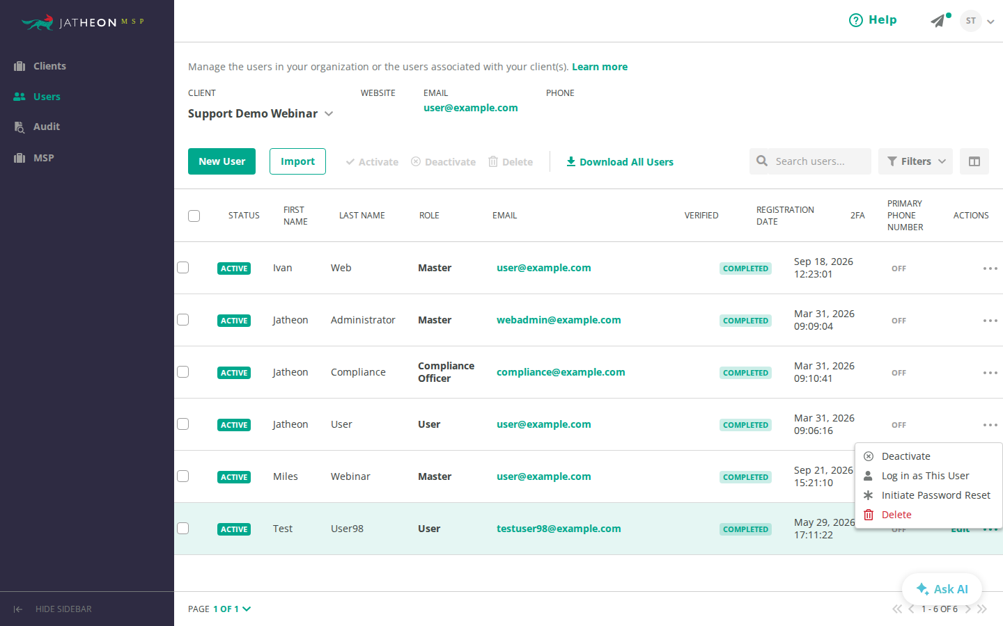 More menu for a client's user