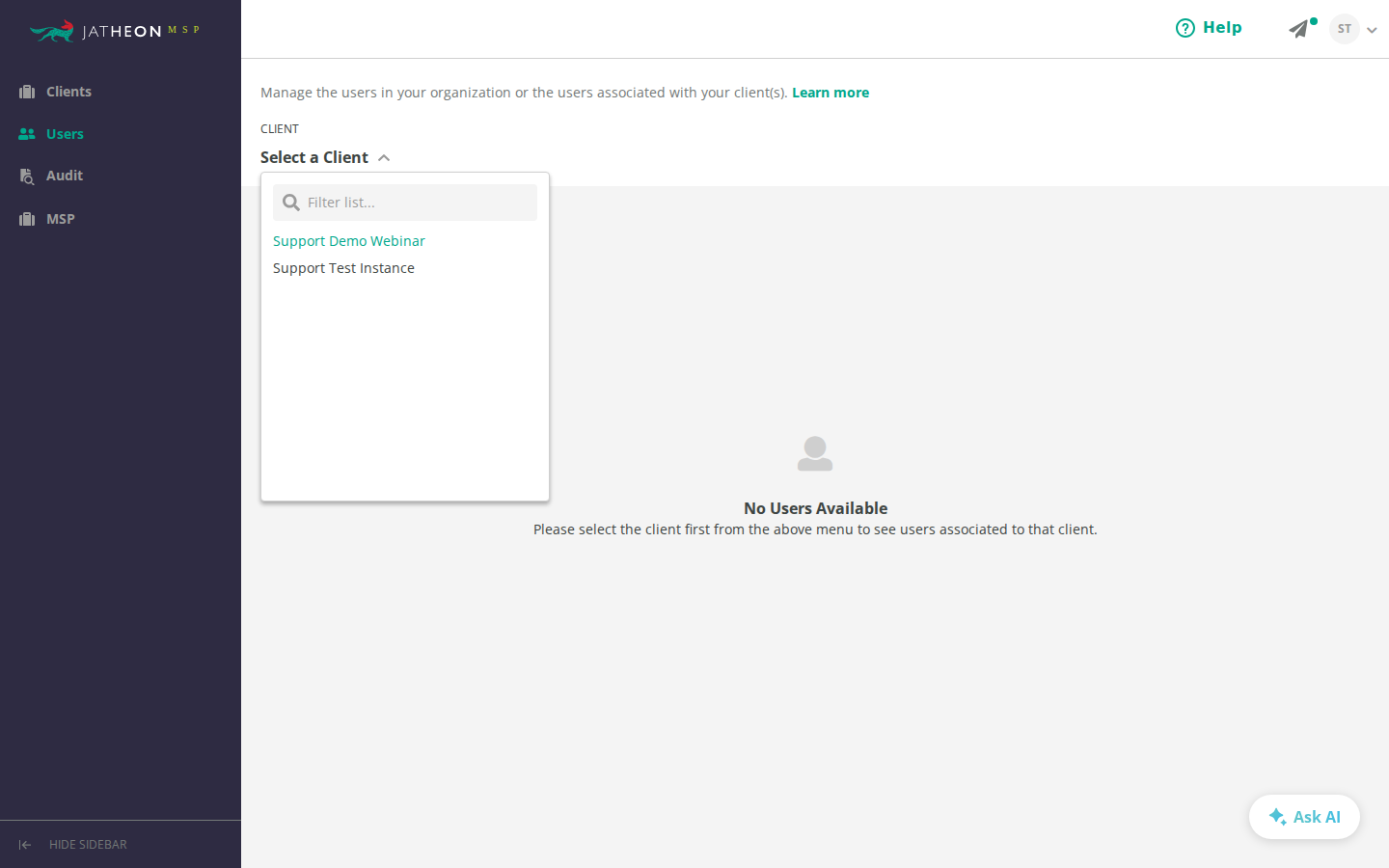 Select a Client in the Users section