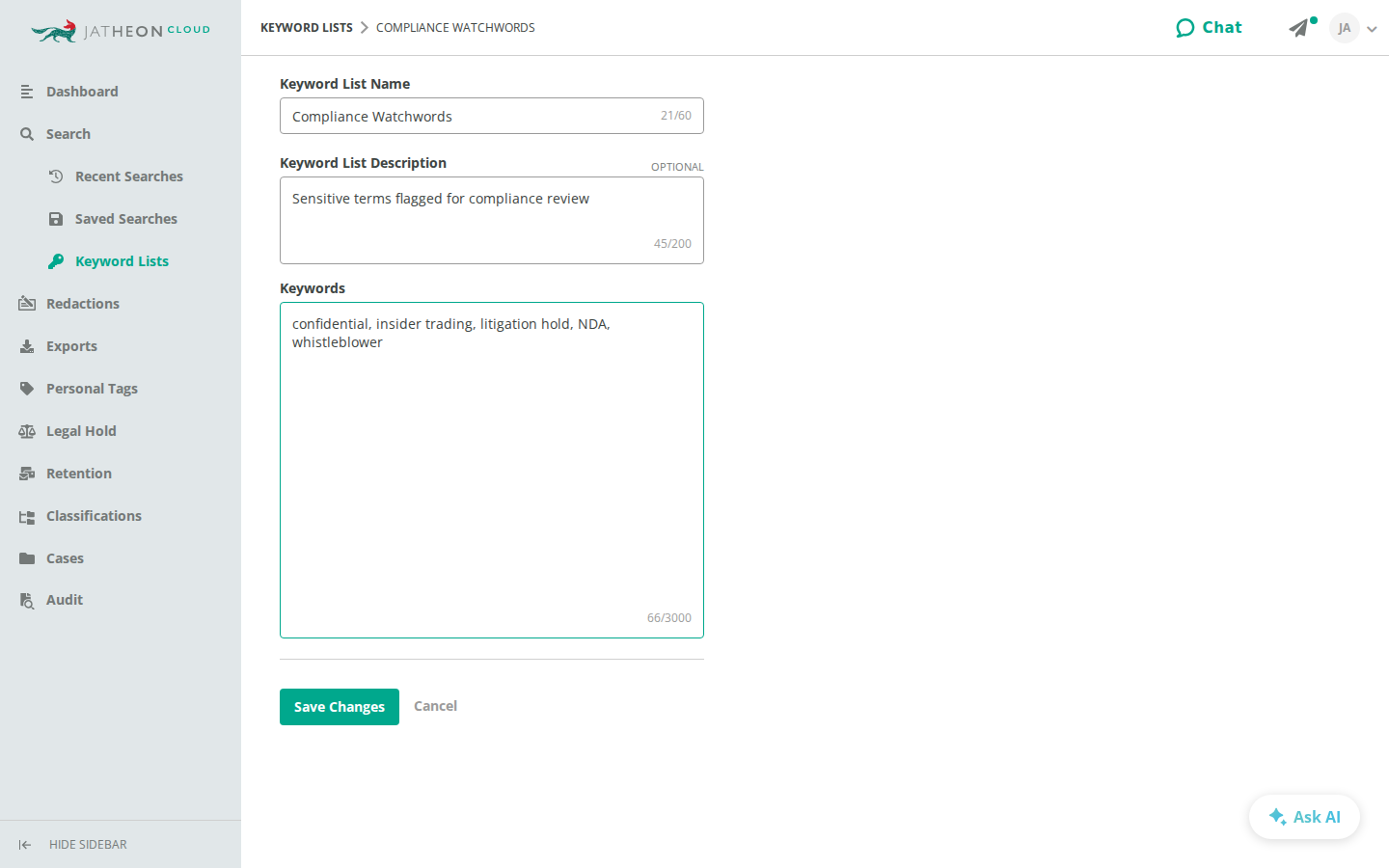 New keyword list form