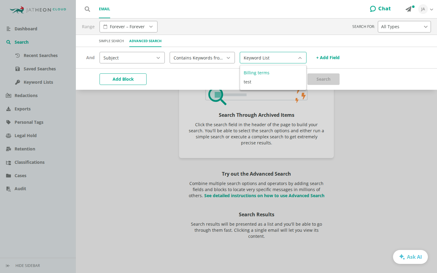 Keyword List dropdown