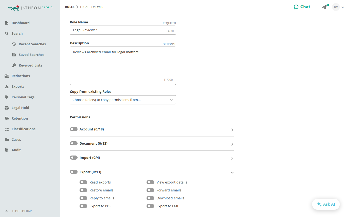 New role with the Export section expanded