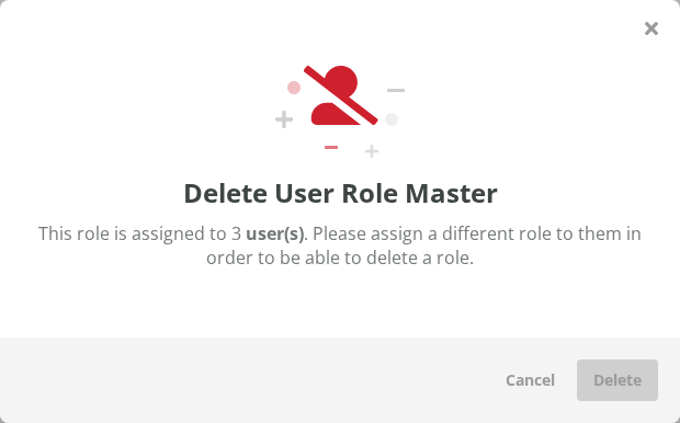 Delete User Role window for a role that's still assigned