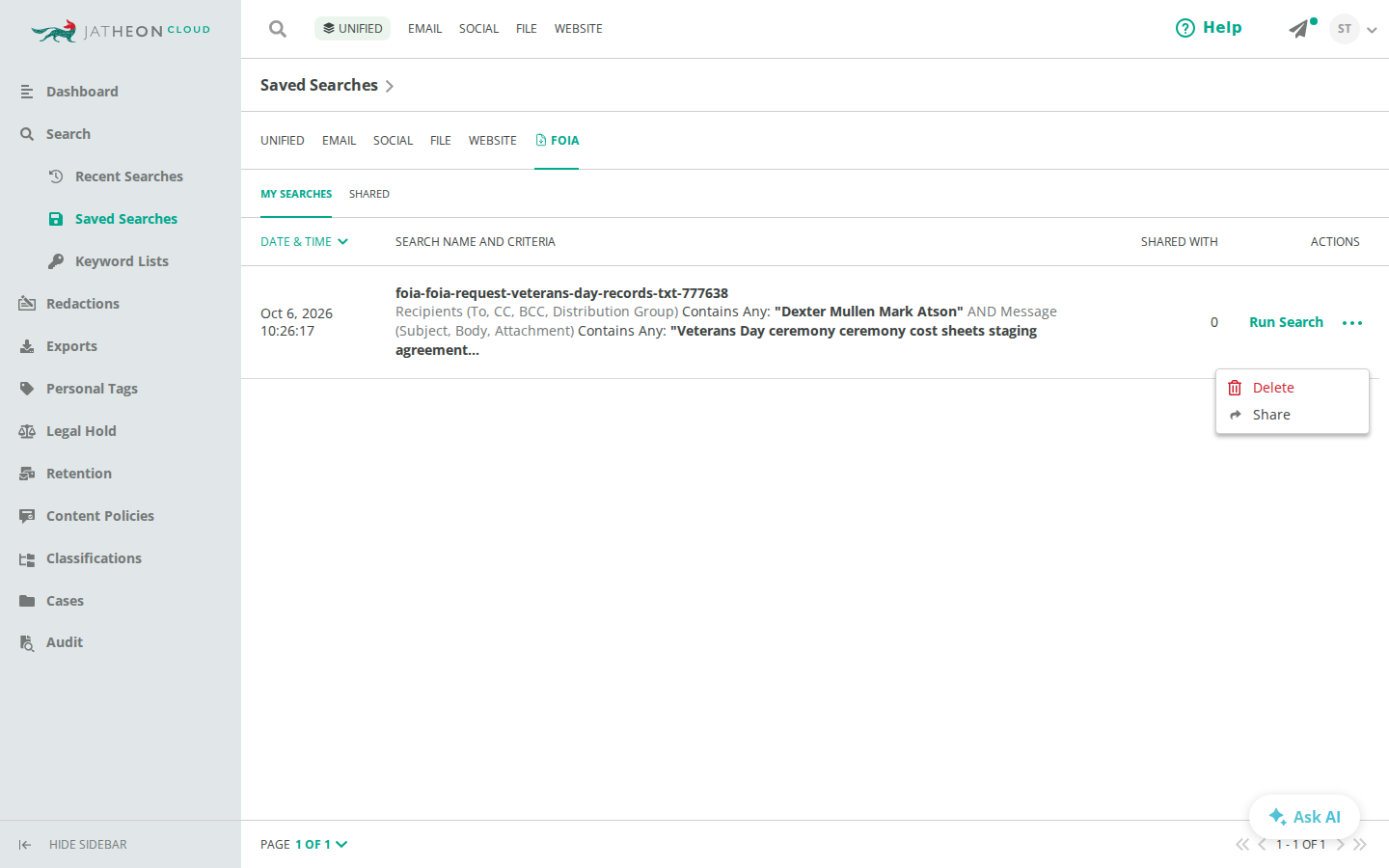 FOIA tab in Saved Searches