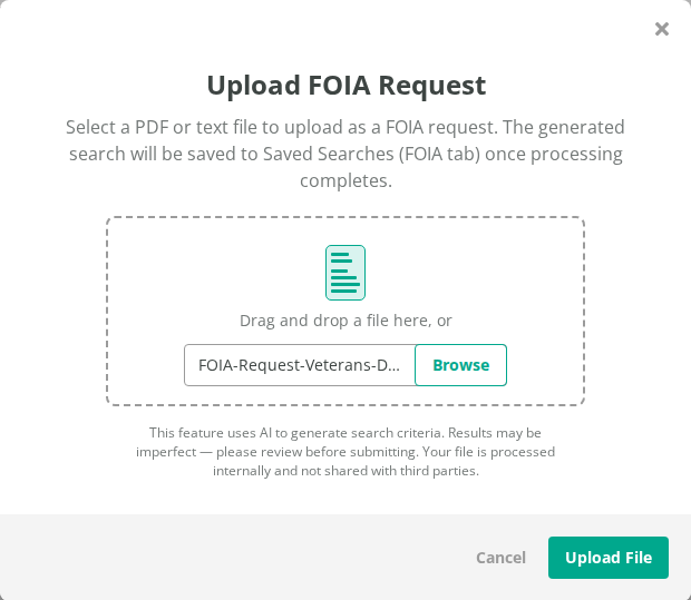 Upload FOIA Request window
