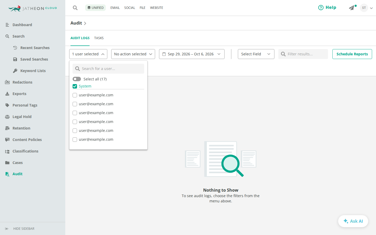 System in the users dropdown