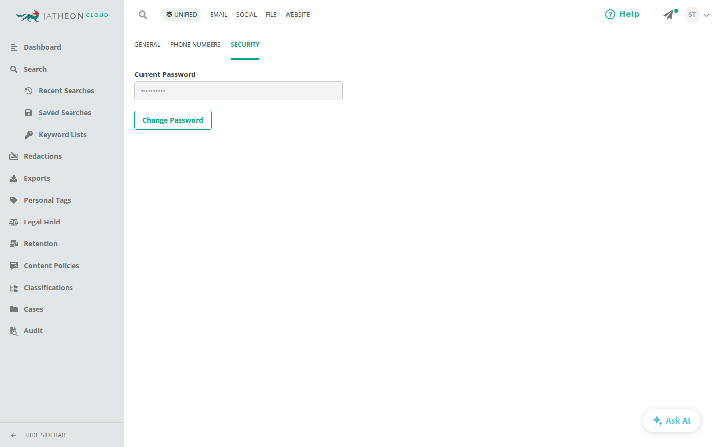 Security tab in Account Settings