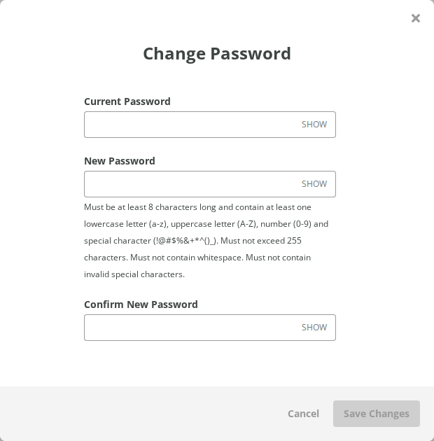 Password rules in the Change Password window