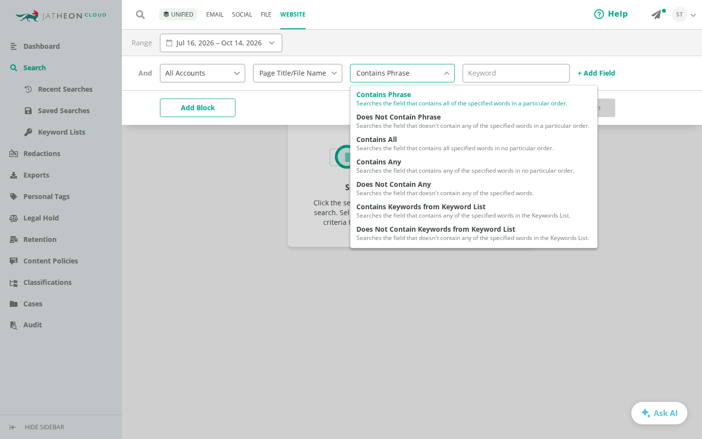 Predicate dropdown in Website Search