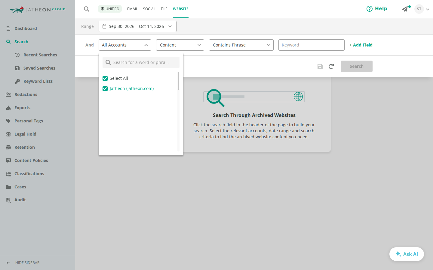 Website tab with the Choose Account(s) dropdown open
