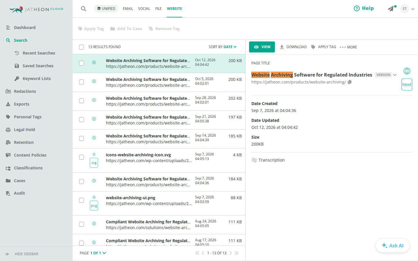 Website Search results with a page's details