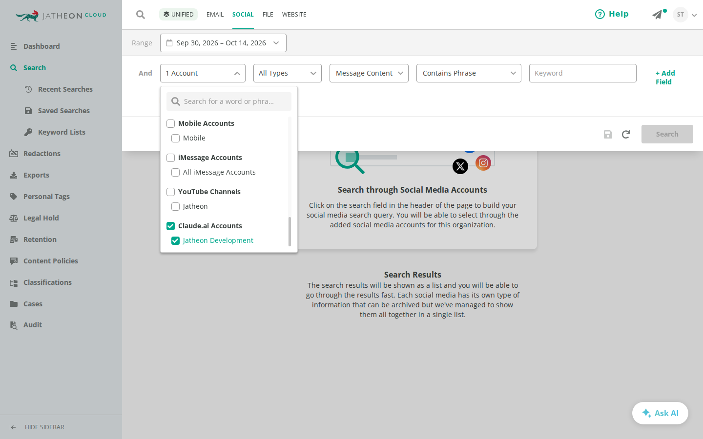 Choose Account(s) dropdown with a Claude.ai account selected