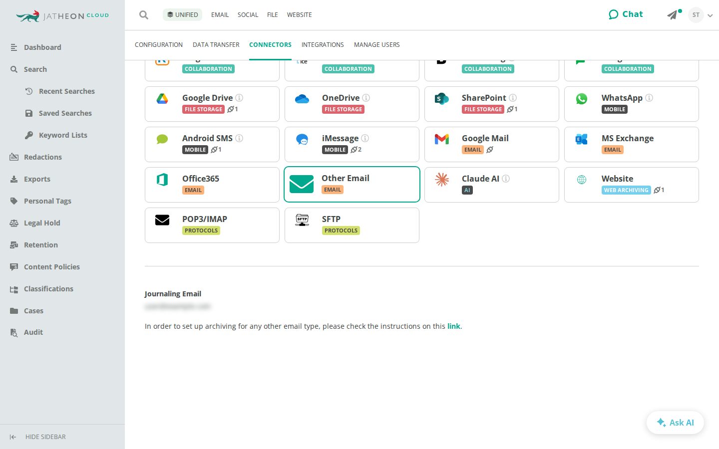Jatheon Cloud Connectors tab with the Other Email card selected and the Journaling Email address below