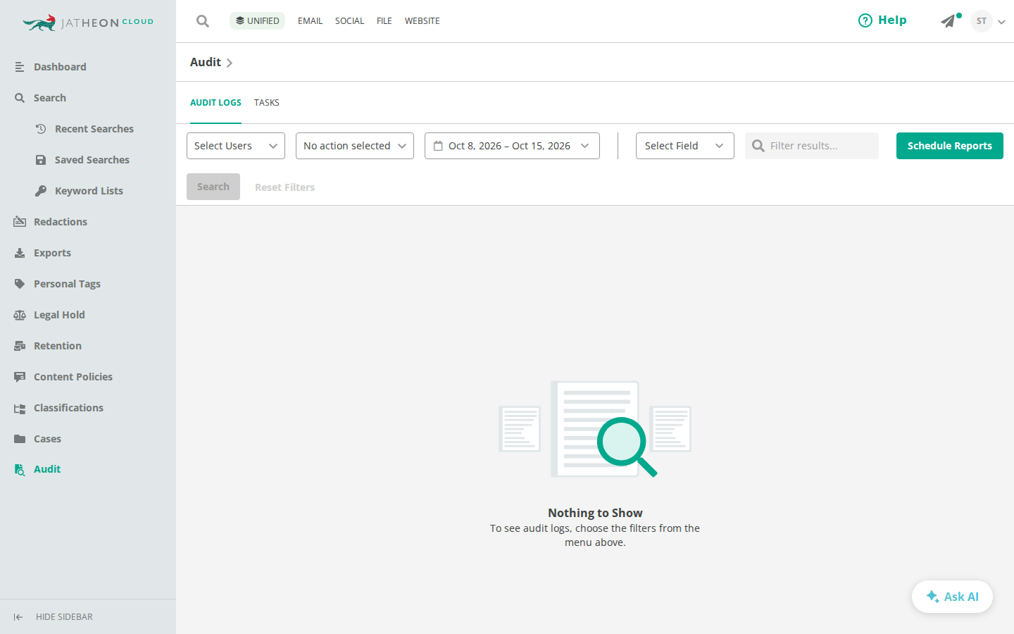 Jatheon Cloud Audit section with the Schedule Reports button on the right