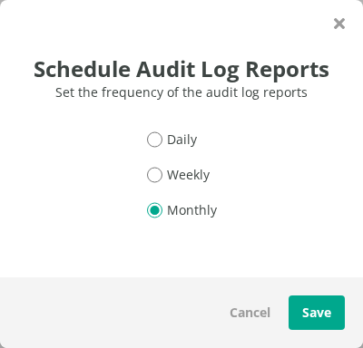 Schedule Audit Log Reports window in Jatheon Cloud with the Daily, Weekly and Monthly options