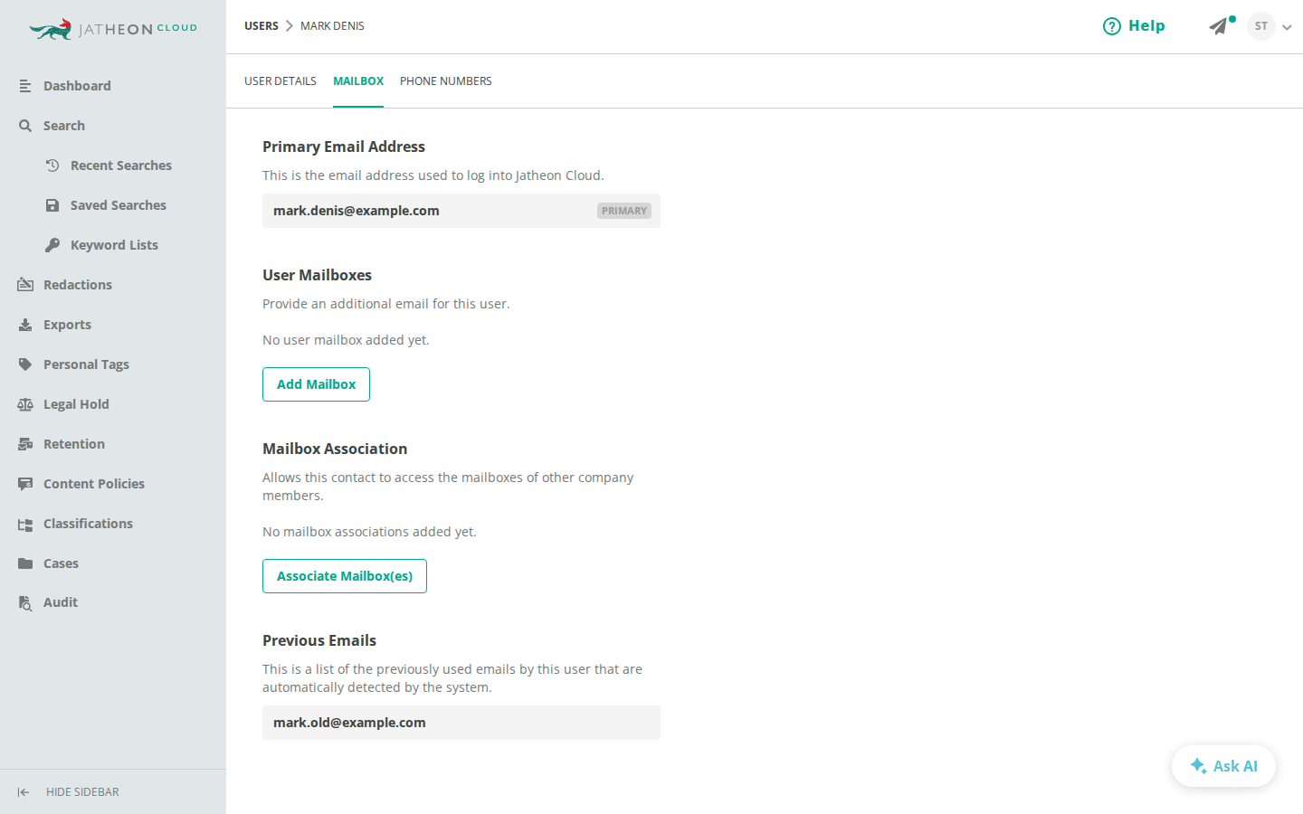 User MAILBOX tab in Jatheon Cloud with the primary email address and a previous email address