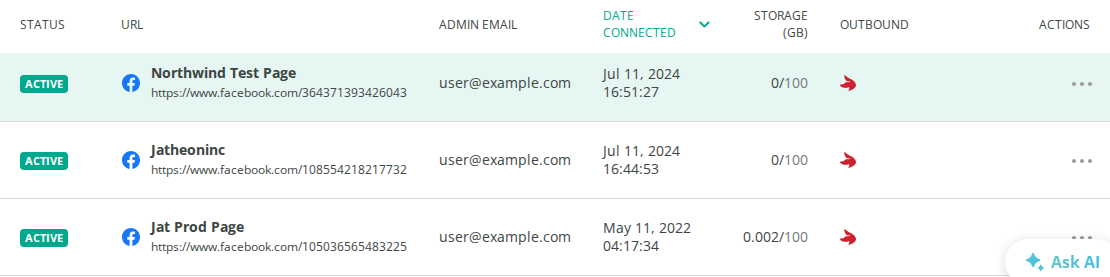 Jatheon Cloud Facebook accounts table with the Outbound column