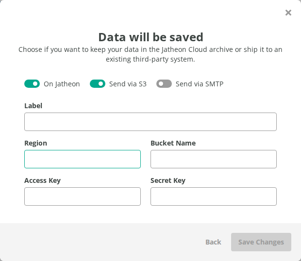 Amazon S3 fields in the Jatheon Cloud Data will be saved window