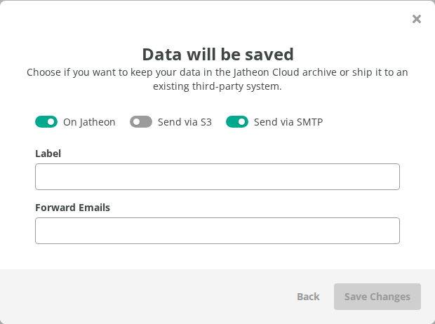 SMTP fields in the Jatheon Cloud Data will be saved window