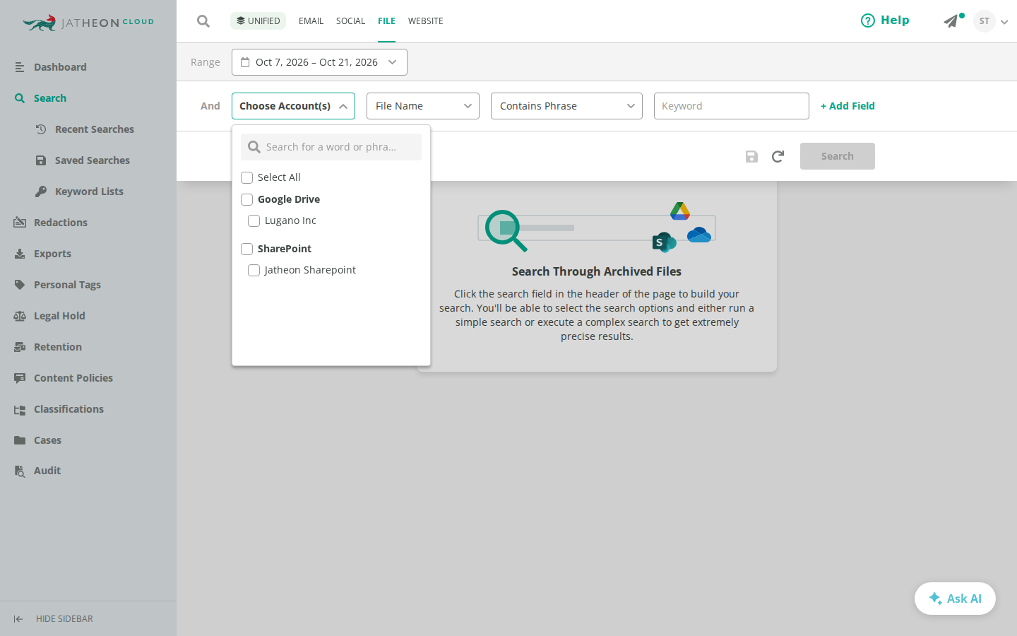 Choose Account(s) dropdown on the Jatheon Cloud File search tab with Google Drive and SharePoint accounts