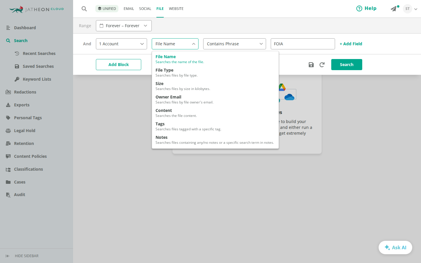 Field dropdown on the Jatheon Cloud File search tab listing File Name, File Type, Size, Owner Email, Content, Tags and Notes