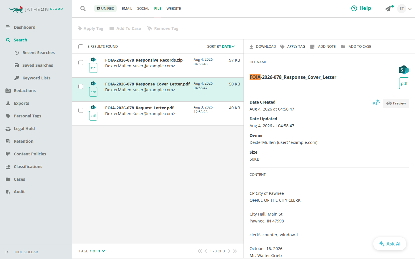SharePoint file search results in Jatheon Cloud with a selected PDF showing its dates, owner, size and content
