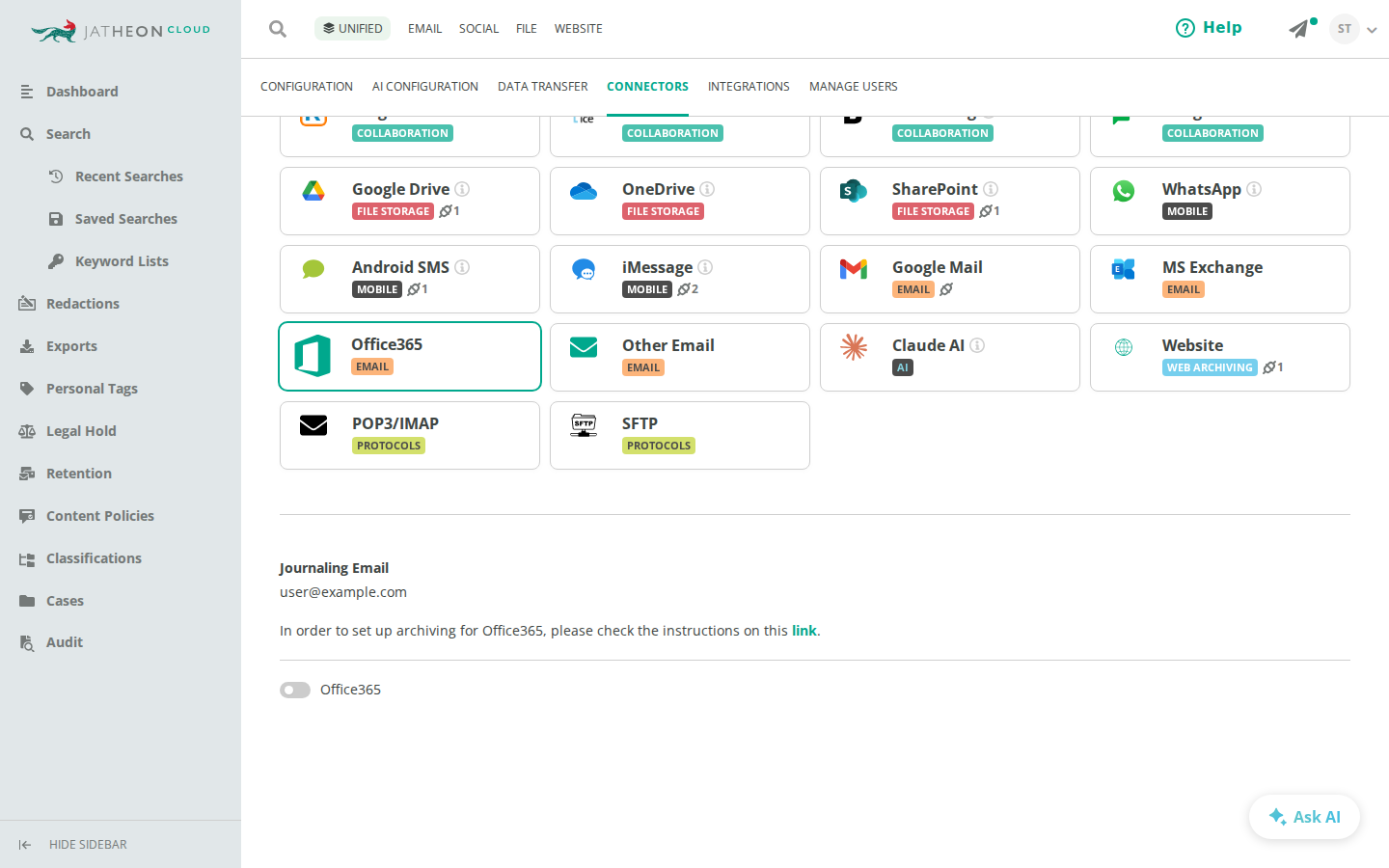 Microsoft 365 email card selected in the Jatheon Cloud Connectors tab showing the journaling email and setup link