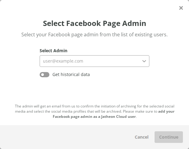 Select Facebook Page Admin window in Jatheon Cloud opened from the Facebook connector card