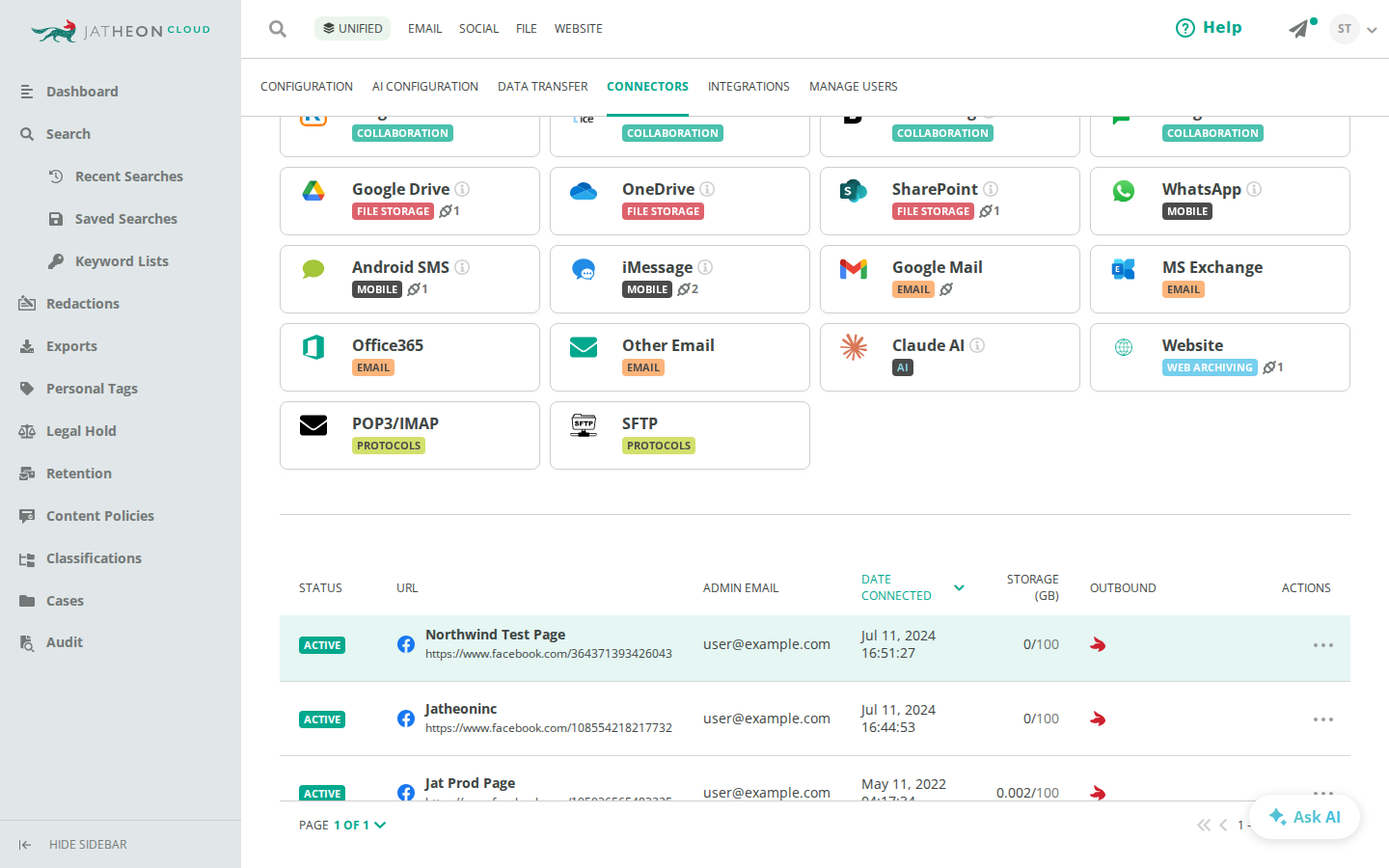 Connected Facebook pages listed under the Connectors tab in Jatheon Cloud with status, admin email and storage