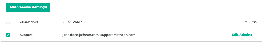 Jatheon Cloud groups table with Group Name, Group Admins and Edit Admins